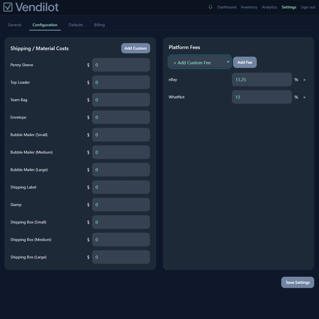 Vendilot cost and fee configuration