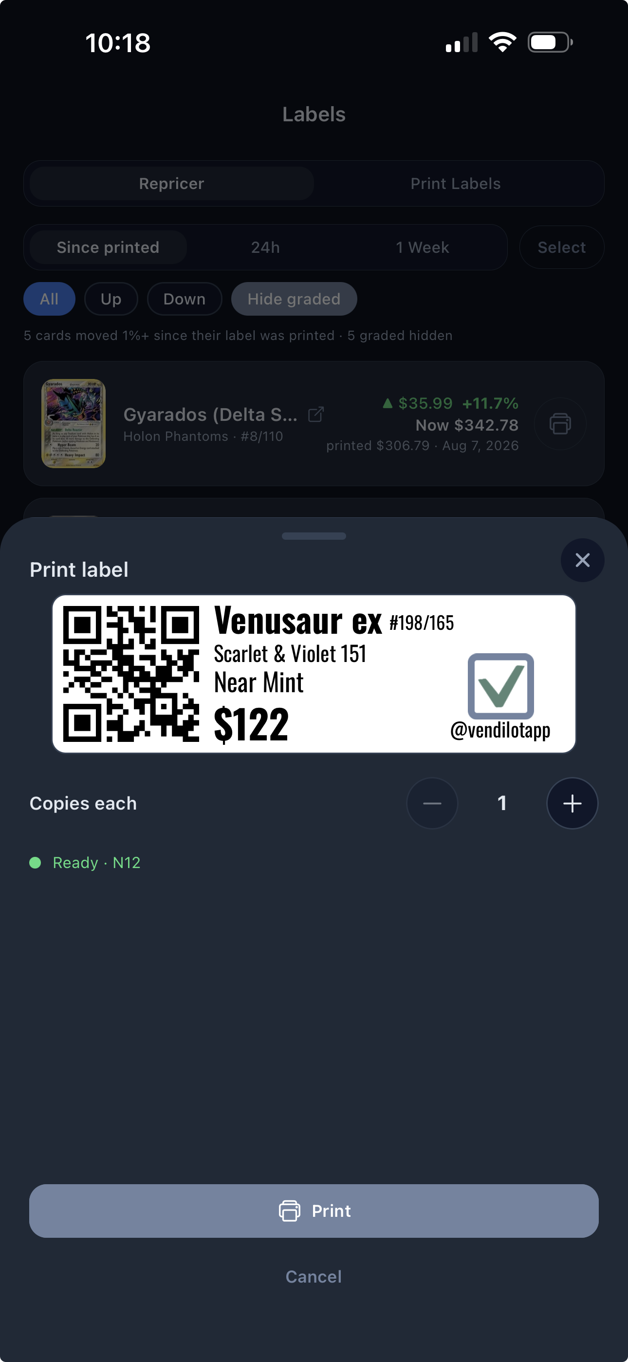 Vendilot mobile label printing, with a branded Venusaur ex price and QR label, N12 printer connection, and the repricing list behind the print preview.