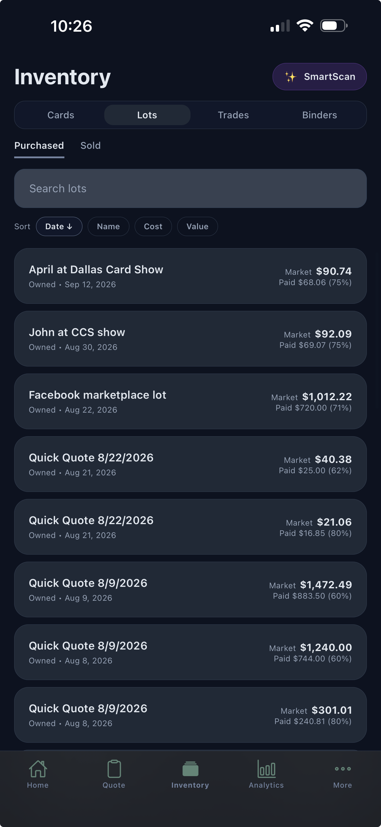 Vendilot mobile Purchased Lots view, showing named collection purchases with purchase dates, current market values, original amounts paid, and buying percentages.