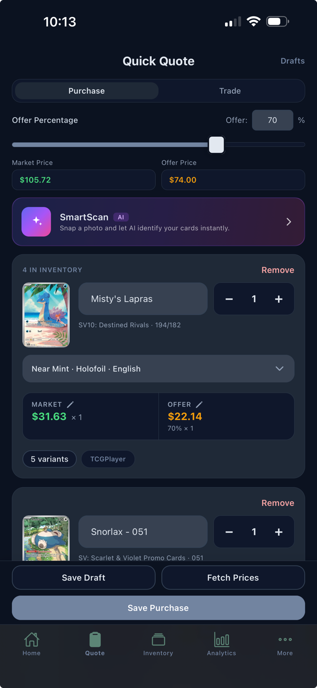 Vendilot Quick Quote on mobile, showing a 70% buying rate, market and offer values for Pokémon cards, and the Save Purchase action.
