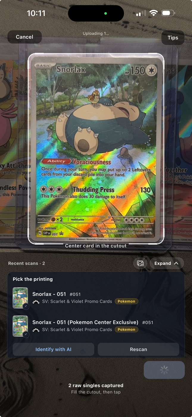 Vendilot SmartScan on mobile, with Snorlax centered in the camera and two printing choices for the scanned card.